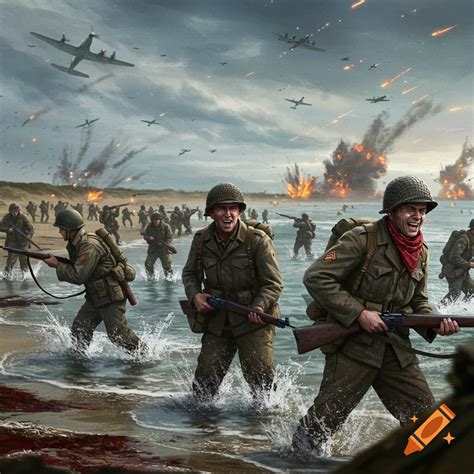 Soldiers storming Normandy beach on Craiyon