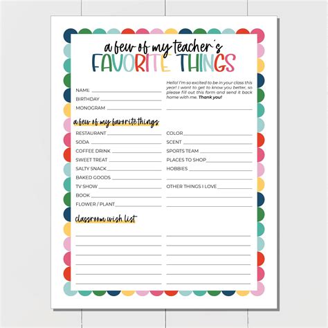 Teacher Favorite Things, All About the Teacher Printable With Classroom ...