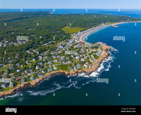 Aerial view of historic waterfront buildings next to Good Harbor Beach ...