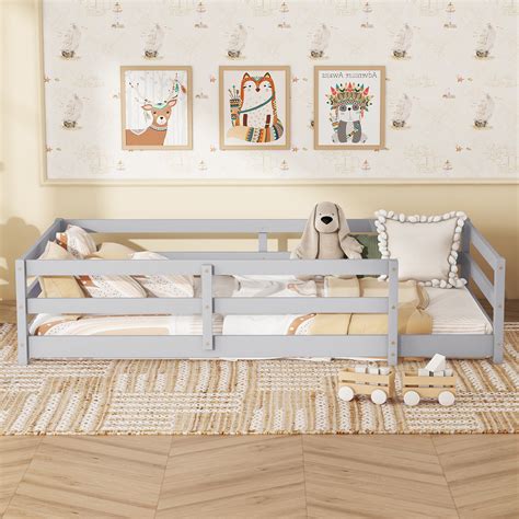 Ebern Designs Anna Montessori Floor Bed with Fence & Pine Wood Frame ...