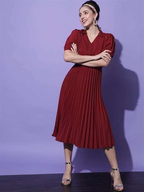 Women Maroon Crepe Midi Dress – Slenor