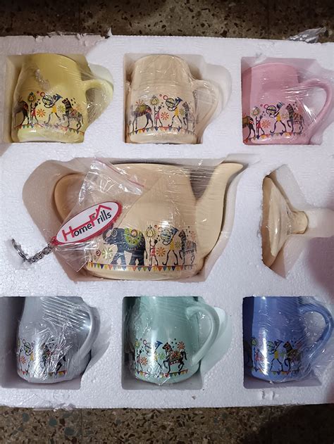 Buy Homefrills Hand Painted Ceramic Tea Kettle Set with 6 Cups(150ml ...