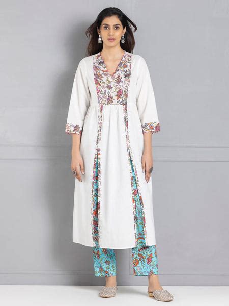 Buy White Paisley Print And Beads Work Yoke Design Kurta Set – Shaye India