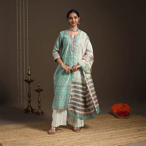 Green Gota Work Chanderi Silk Sanganeri Hand Block Print Suit Set with ...