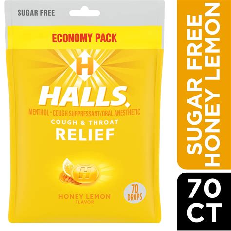 HALLS Relief Honey Lemon Sugar Free Cough Drops, Economy Pack, 70 Drops ...