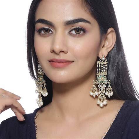 Buy Shoshaa Green Gold Tone Kundan Earrings With Pearls Online