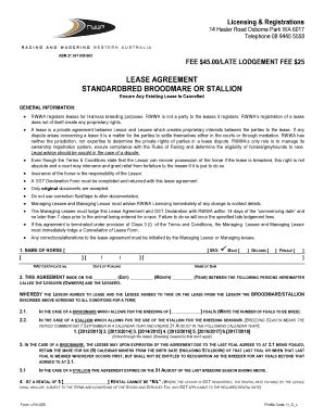 LEASE AGREEMENT STANDARDBRED BROODMARE OR STALLION - Rwwa Com - Fill ...
