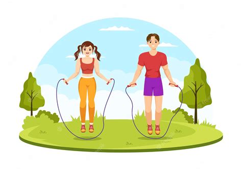 Jump rope illustration with people playing skipping in indoor fitness ...