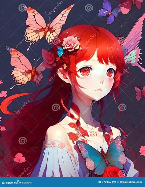 Cute Anime Girl with Red Long Hair Flowers Romantic Fantasy Character ...