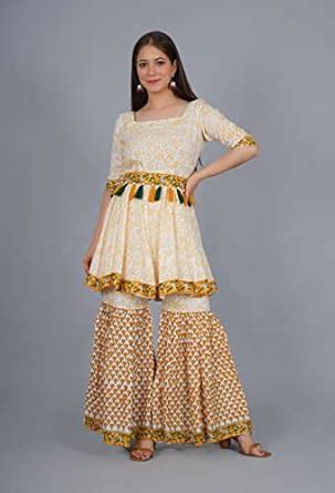 Rayon Blusho Block Print Sharara Suit Set (X-Large), Multicolor ...