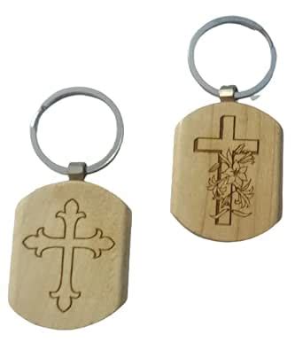 (PACK OF 5) Holly Cross Wooden Keychain With Anti-Rust Key Ring ...