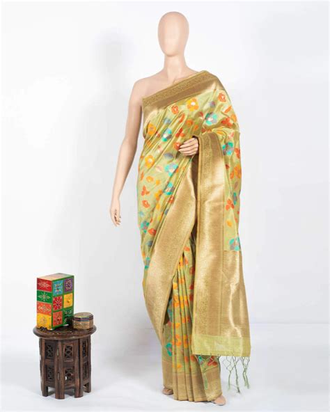 Pistachio Green And Orange Floral Pattern Zari Jacquard Borderd Art Tu ...