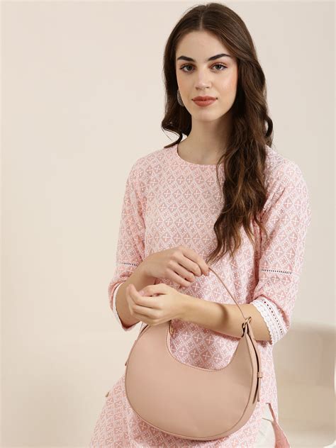 SHOWOFF Women's Round Neck Regular Sleeves Knee Length Peach Straight Kurta