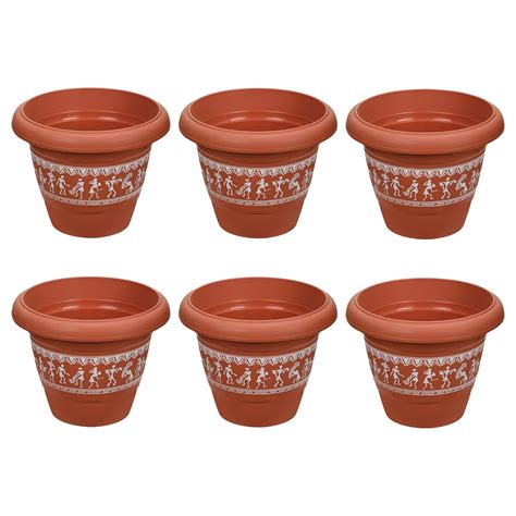 Buy Ratan Plastic Planters Flower Pots Varli Print 12 Inches Terracotta ...