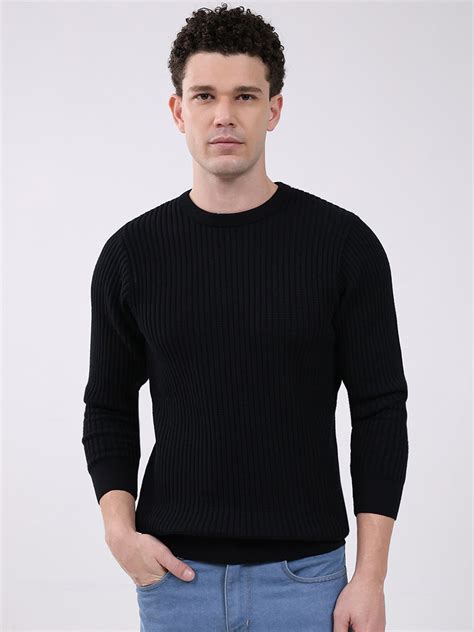 Buy Men Black Solid Round Neck Full Sleeve Pullover Online in India ...