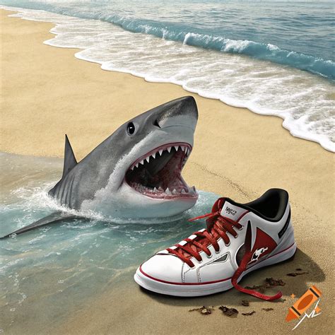 A shark with its mouth open rises from the water towards a shoe on the ...