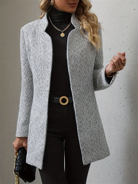Open Front Textured Blazer, Elegant Long Sleeve Blazer For Office ...