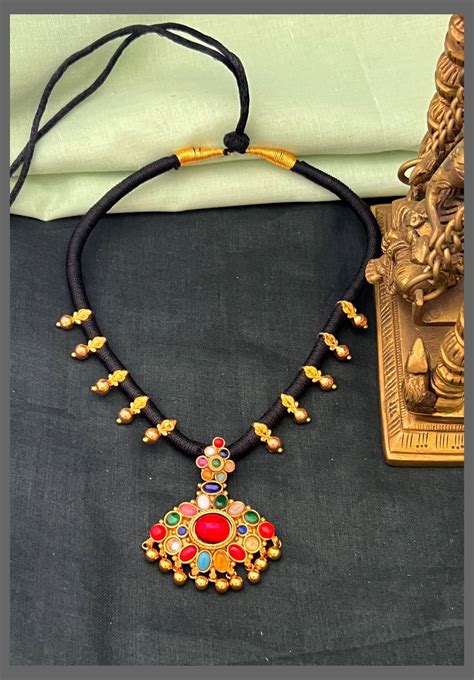 Black Dori Necklace With Navratna Pendant - BD00145 – Spurthi Jewels