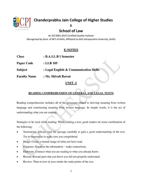 E-Notes Unit 1 Legal English LLB 105 - Ballb I Sem - & School of Law An ...