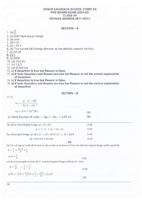 Physics Class XII Pre Board Exam - Answer Key Set 1 - Studocu