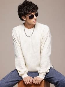 Roadster Self Design Round Neck Casual Men White Sweater - Buy Roadster ...