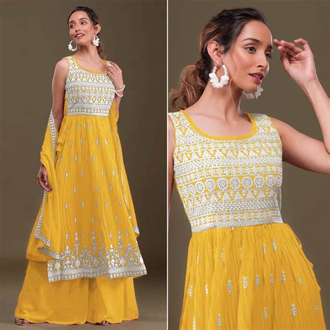 Yellow Sequins Embroidered Georgette Semi Stitched Naira Cut Palazzo S