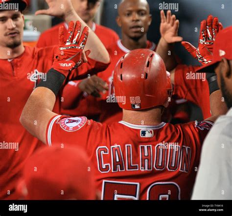 Los Angeles Angels' right fielder Max Calhoun celebrates with teammate ...