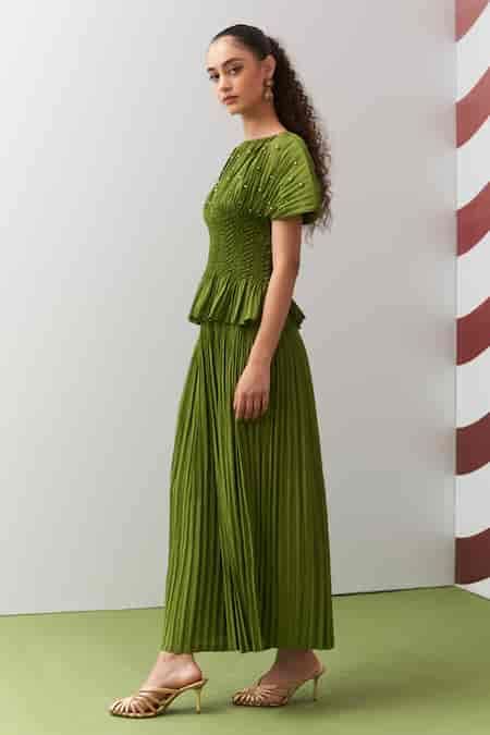 Buy Lime Crepe Pearls, Stones Boat Green Weava Embellished Top And ...