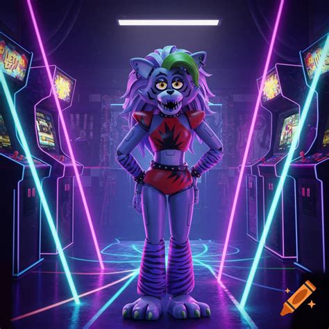 Four-panel image of Roxanne Wolf from FNAF in a glam rock dressing room ...