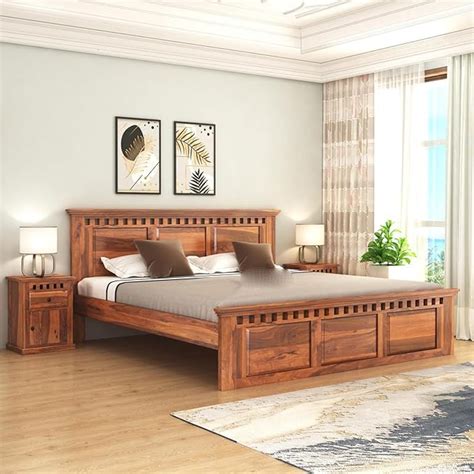 Solid Sheesham Wood Queen Size Bed | Honey Teak Finish – Balaji Art ...