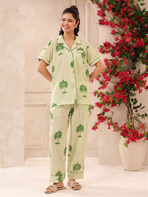 Green Palm Printed Lounge Set (Half Sleeve Shirt & Pyjama) – Jaipur Morni