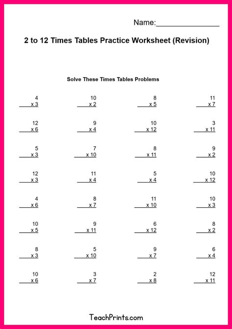 Free 12 Times Tables Worksheets (8 Versions) - Teach Prints