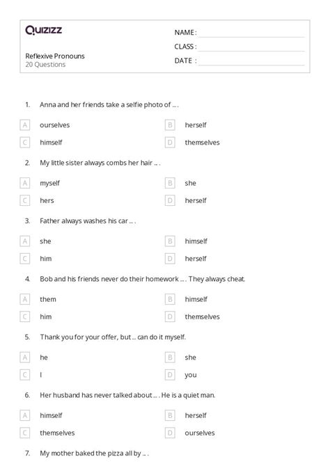 50+ Reflexive Pronouns worksheets for 6th Class on Quizizz | Free ...