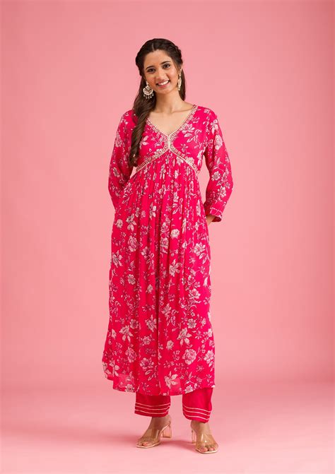 Buy Pink Printed Semi Crepe Readymade Salwar Suit - Koskii