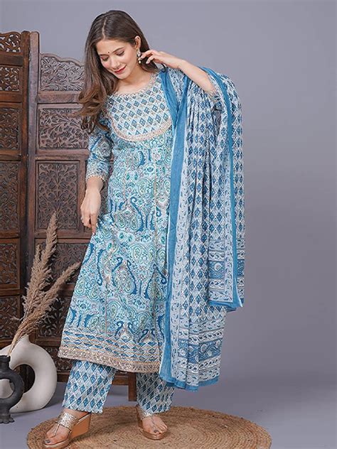Women's Cotton Printed Anarkali Kurta with Palazzo & Dupatta Set with ...
