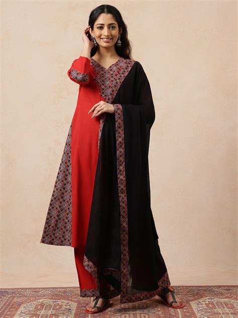 Red & Black Yoke Design A-Line Cotton Stitched Kurta, Pant With Dupatt ...