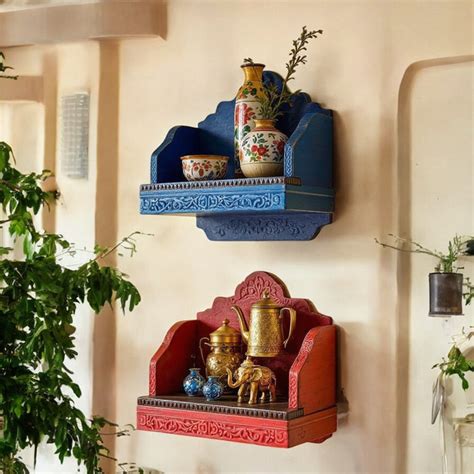 Carved Wood Temple Wall Shelves - Antique Red & Blue, 50x20x48 cm - J.L ...