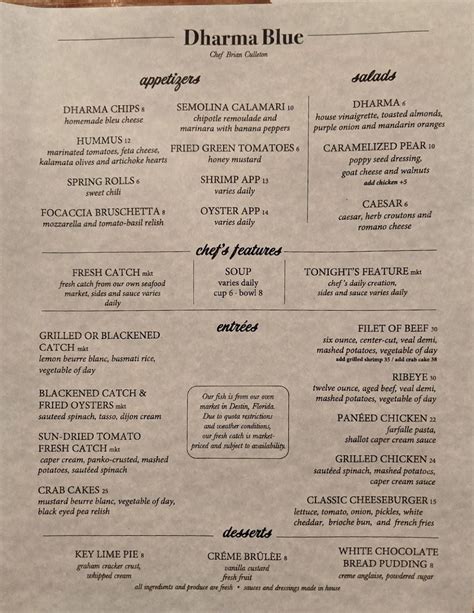 Menu at Dharma Blue restaurant, Pensacola