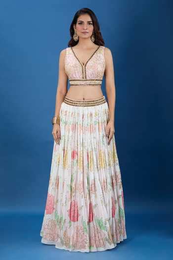Buy Off White Georgette, Net Sequins, Embroidery V-neck Resham Lehenga ...