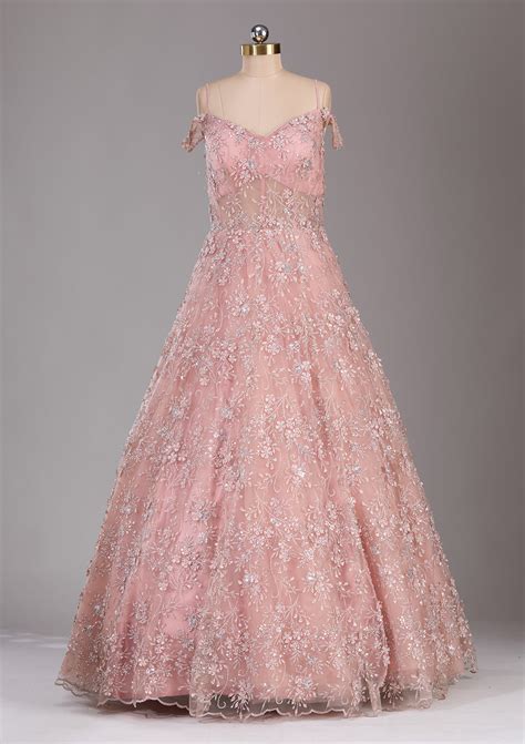 Buy Pink Applique Net Readymade Gown - Koskii