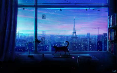 Download wallpaper 3840x2400 cat, art, window, city, view 4k ultra hd ...