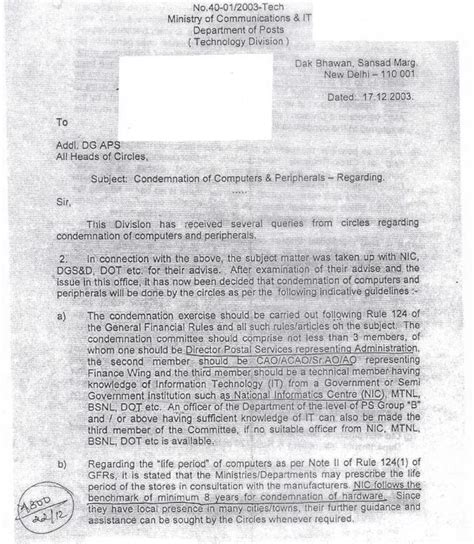 Condemnation of Computers & Peripherals in Department of Posts