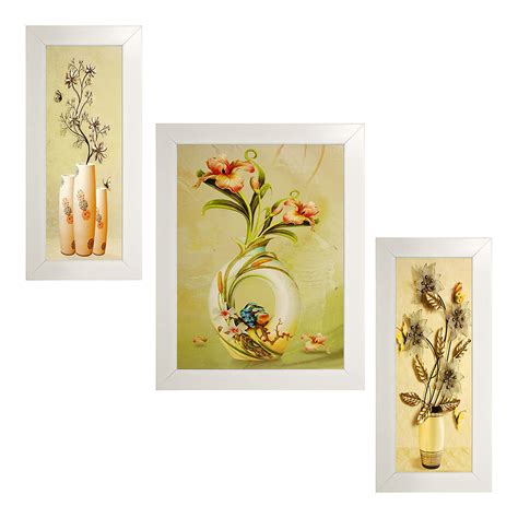 Indianara Set of 3 Flowers in Vases Still Art in White Frames Paintings ...