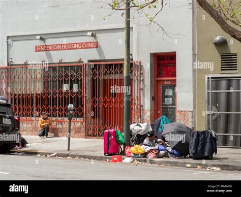 SAN FRANCISCO, CA – May 6, 2018: Homeless and drug users line up ...