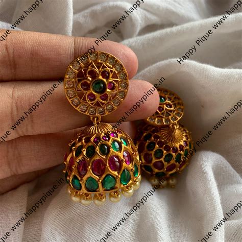 Real Kemp Matte Flower Jhumkas - Red, Green & white – Happy Pique