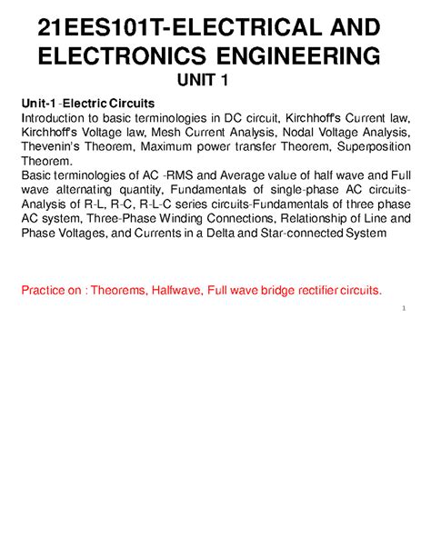 Bee unit 1 - 1 21EES101T-ELECTRICAL AND ELECTRONICS ENGINEERING UNIT 1 ...