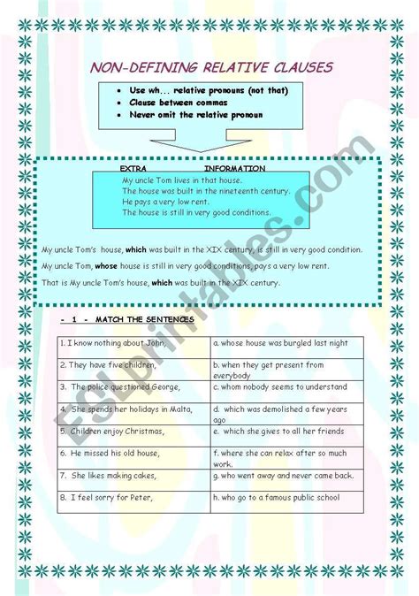 Defining and Non Defining Relative Clauses Worksheet 的图像结果