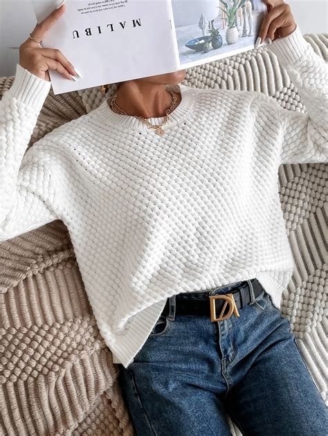 Calvaya Solid Drop Shoulder Round Neck Sweater,Long Sleeve TopsKnit ...