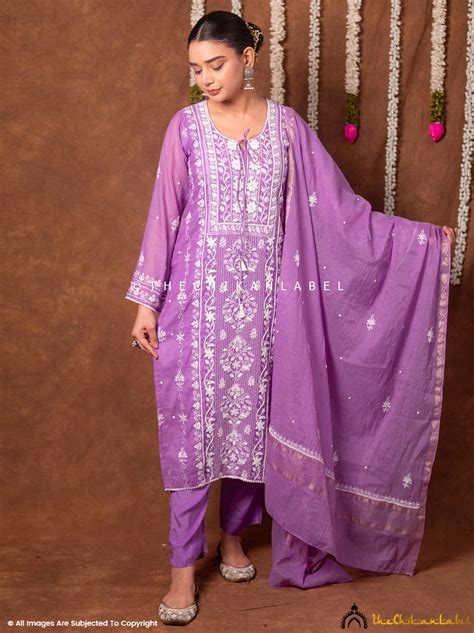 Lilac Arzoo Mul Chanderi Chikankari Kurta Set with Dupatta | Festive ...