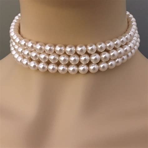 Pearl Choker Necklace Set With Pearl Stud Earrings 3 Strands Swarovski ...
